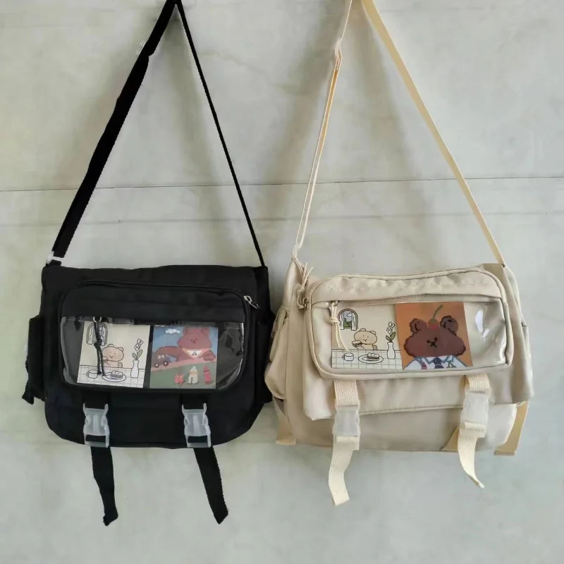 Large capacity student class crossbody canvas bag, women's versatile new Japanese Harajuku solid color mailman shoulder tote bag