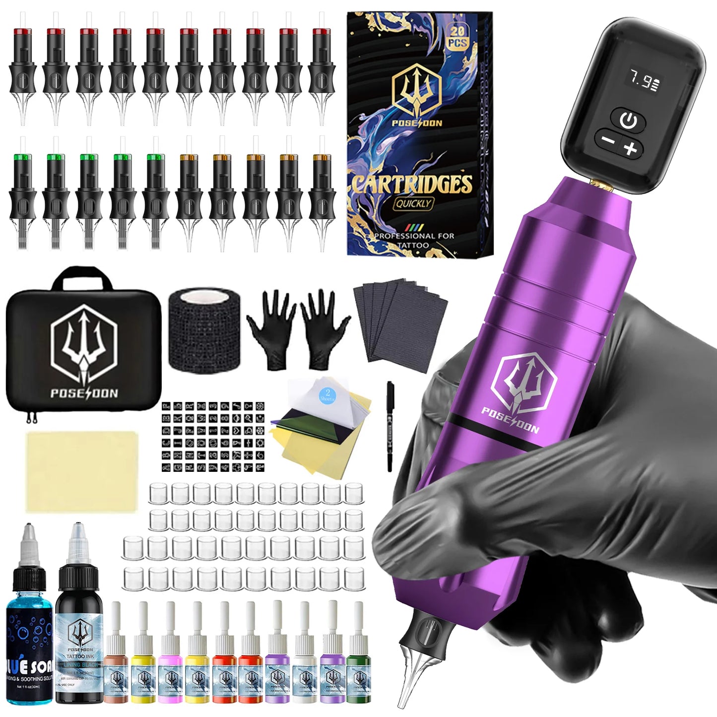 Tattoo Kit POSEIDON V5 Purple Tattoo Pen Kit For Permanent Makeup Tattoo Machine Kit High Power Tattoo Power Supply Tattoo Gun K
