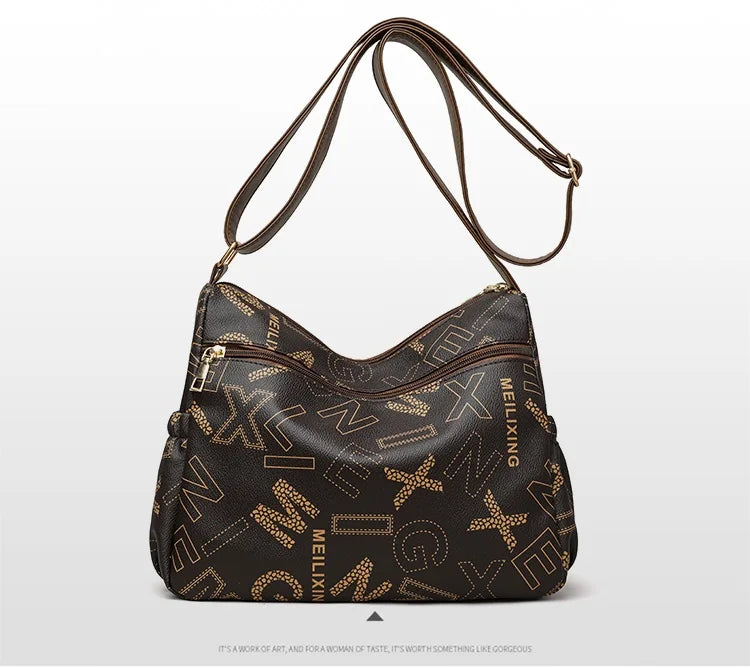 Ladies Middle-Aged Bag Large Capacity printed Work Clothing Soft Leather Multi-Pocket Cross-Body Bag Retro Shoulder Bag