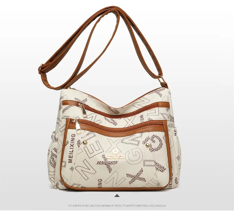 Ladies Middle-Aged Bag Large Capacity printed Work Clothing Soft Leather Multi-Pocket Cross-Body Bag Retro Shoulder Bag