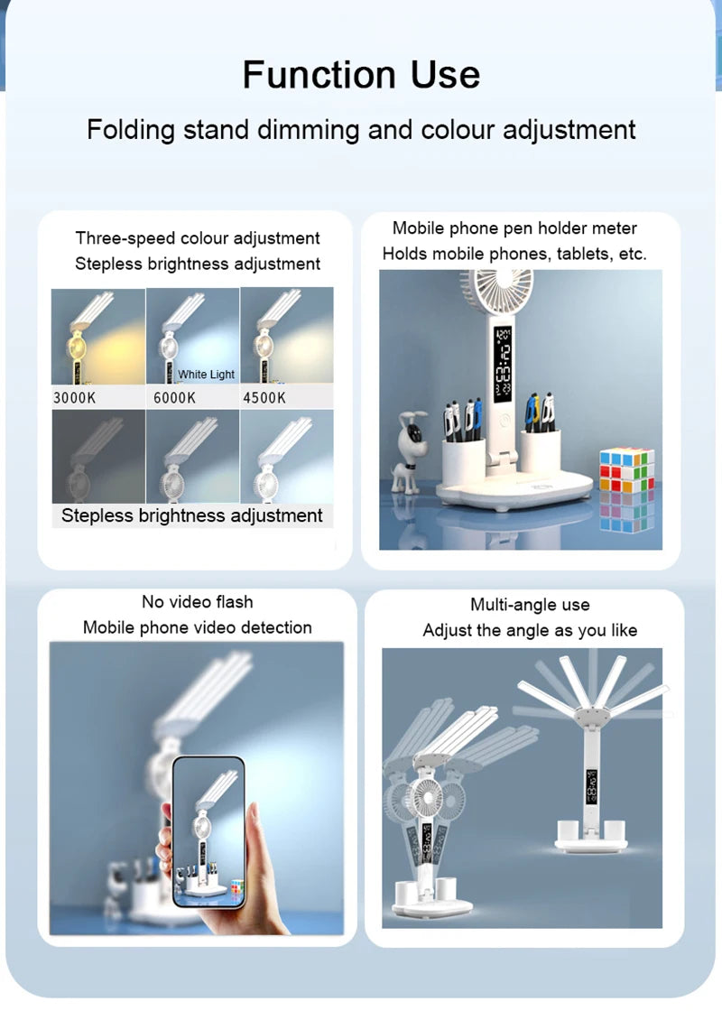 Rechargeable Table Lamp for Study, Desk Lamp Reading Light Led Table Light with Fan, Led Clock Dispaly Reading Lamp