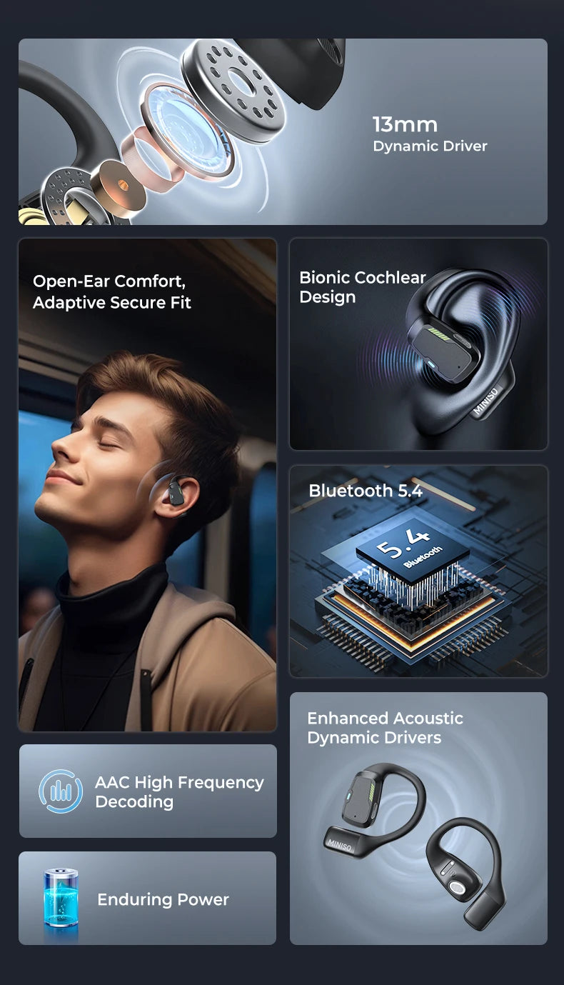 MINISO M98 True Wireless Open Ear Earbuds Bluetooth 5.4ears,13mm Dynamic Driver OWS Ears heads Gaming Headset Super Long Endure