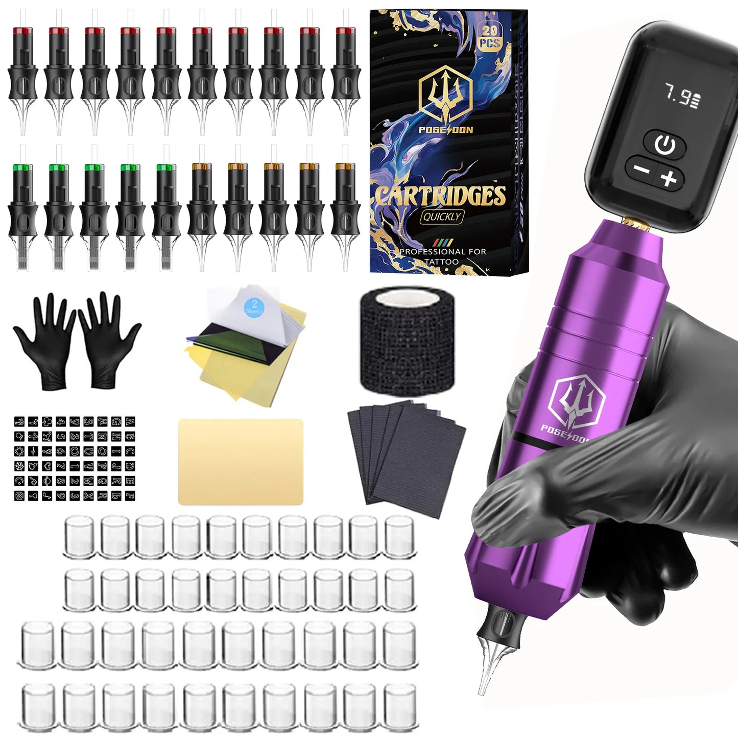 Tattoo Kit POSEIDON V5 Purple Tattoo Pen Kit For Permanent Makeup Tattoo Machine Kit High Power Tattoo Power Supply Tattoo Gun K