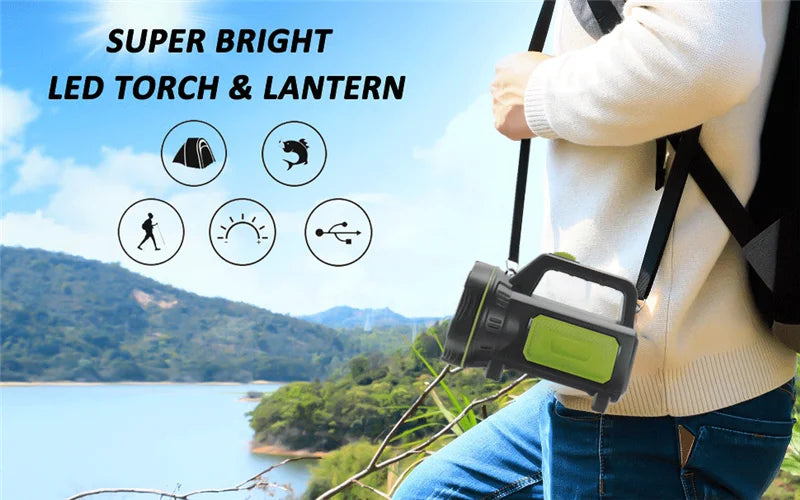 LED Strong Searchlight Flashlight Portable Hand Lamp Rechargeable 2 Lighting Modes Emergency Hiking Camping Energy Saving Torch