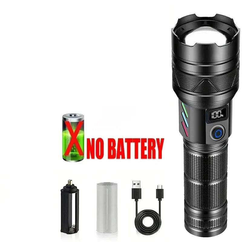 Super Bright 60W LED Flashlight with Power Bank Function, Rechargeable Telescopic Zoom Torch, 5 Modes, IP64,for Hunting/Camping