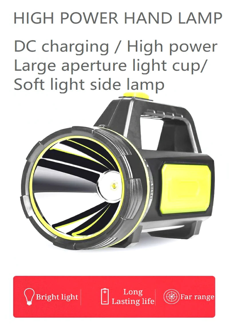 LED Strong Searchlight Flashlight Portable Hand Lamp Rechargeable 2 Lighting Modes Emergency Hiking Camping Energy Saving Torch