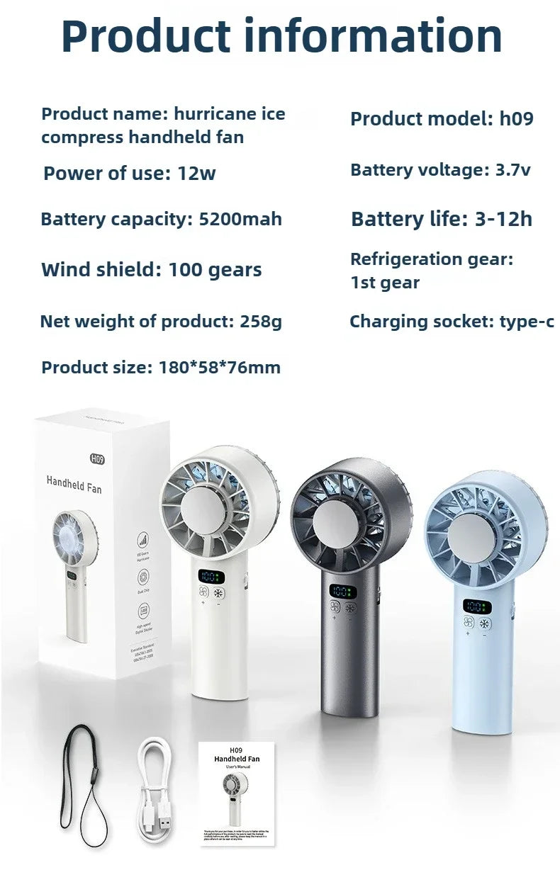 5200mAh Portable mini Fan 100 Wind Speeds Instant Cooling with Ice Mode Handheld fan USB Rechargeable electric fans Camping Fan