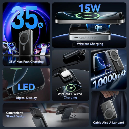 Vention 10000mAh 35W Qi2 Magnetic Power Bank with Built-in USB-C Cable, PD 20W Fast Charging Foldable Stand.