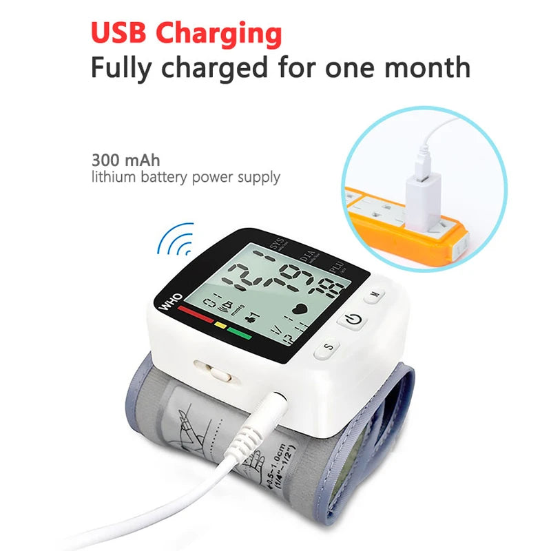 Rechargeable Digital Blood Pressure Monitor Wrist Electronic Sphygmomanometer Tensiometer With LCD Display, 2 x 99 Memory