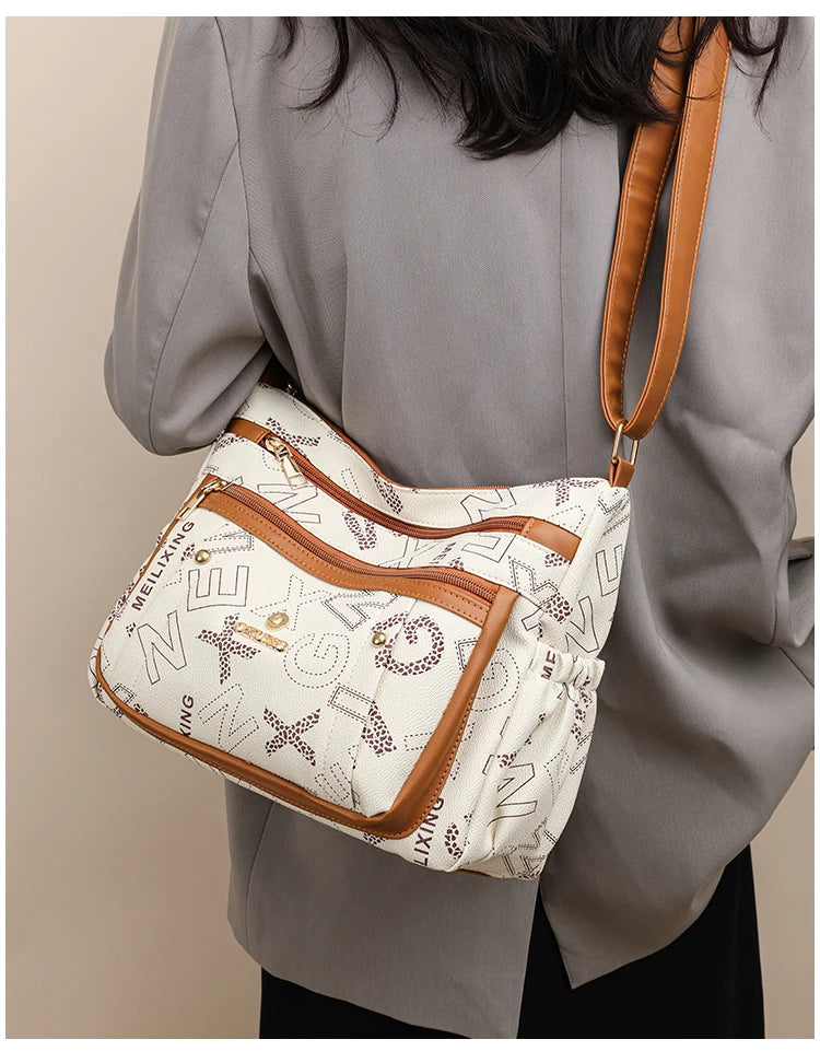 Ladies Middle-Aged Bag Large Capacity printed Work Clothing Soft Leather Multi-Pocket Cross-Body Bag Retro Shoulder Bag