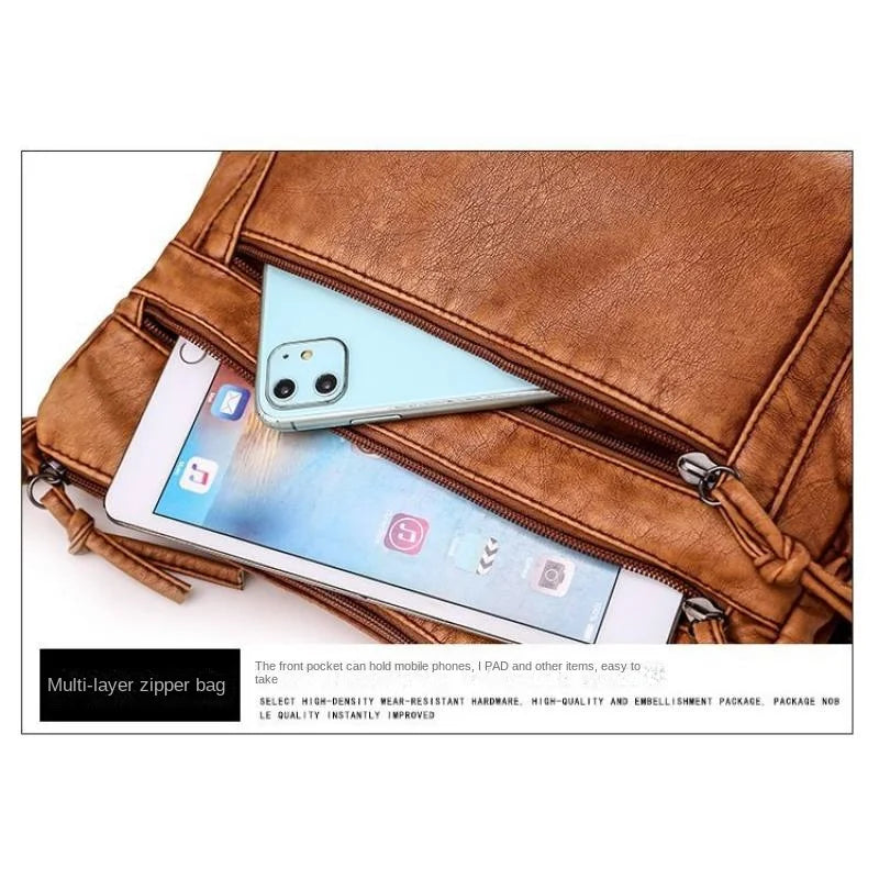 Washed leather women's bag 2024 European and American retro shoulder bag versatile large-capacity crossbody bag PU soft leather