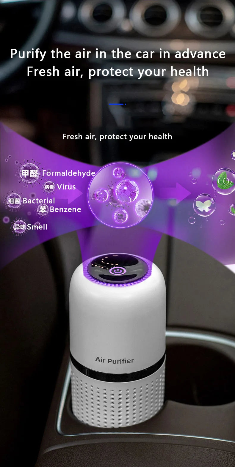 Portable Car Air Purifier USB Rechargeable Fresh Air Negative Ion Cleaner Oxygen Removes PM2.5 Smoke Odors Ionizer Cleaner