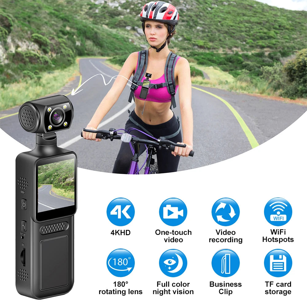 128GB 4K Ultra HD Action Mini Camera 180 Rotatable Vlog Wifi Sports Cam Waterproof Case Helmet Travel Bicycle Driver Recorder