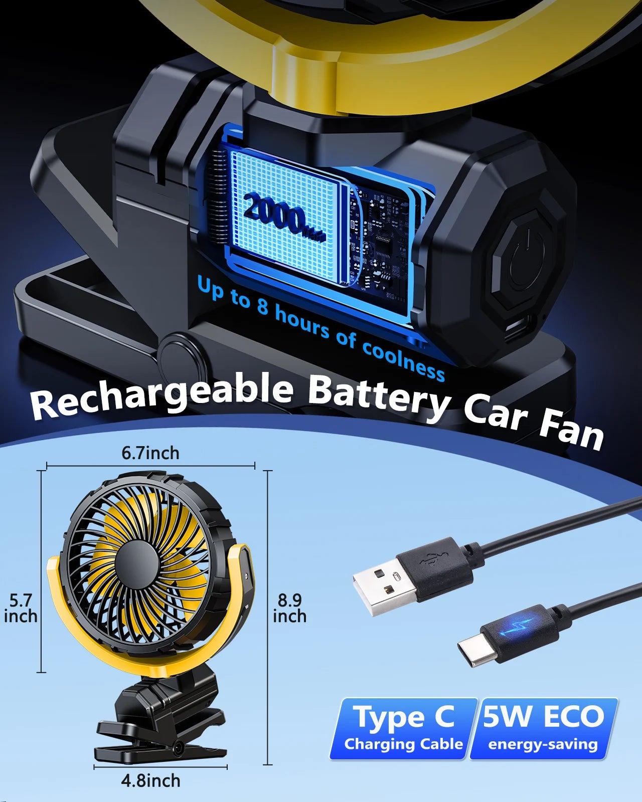 Eary Portable Car Clip On Fan Battery Operated 3 Speed Wind 900 Rotate Quiet Small Air Cooling Fan For Desk Camping Stroller Fan