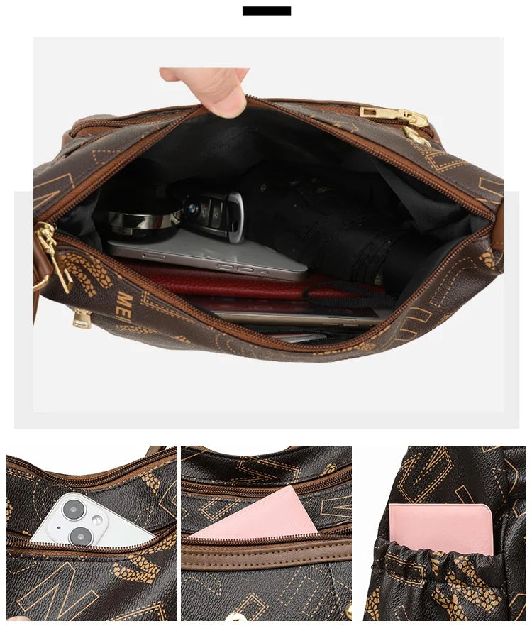 Ladies Middle-Aged Bag Large Capacity printed Work Clothing Soft Leather Multi-Pocket Cross-Body Bag Retro Shoulder Bag