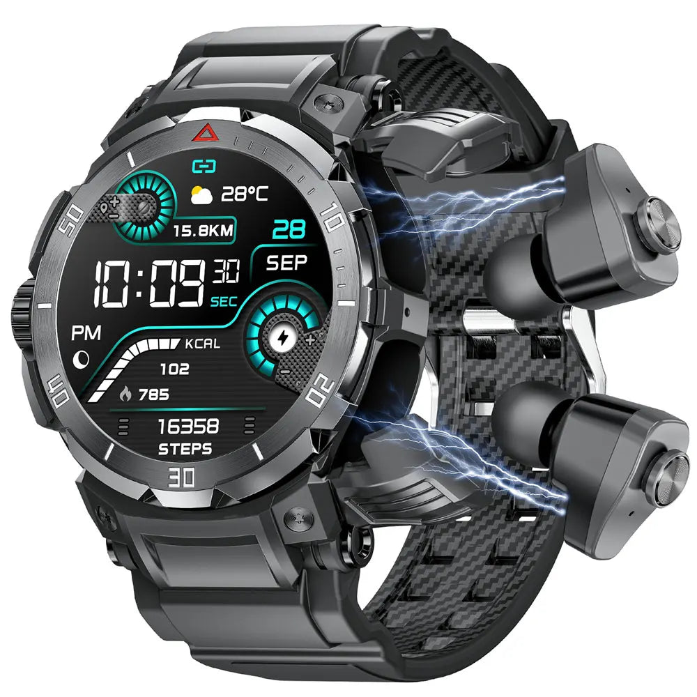 New 3 in 1 Smart Watch for Men With TWS Headset Rugged Military Bluetooth Call Fitness Tracker IP67 Waterproof for Android iOS