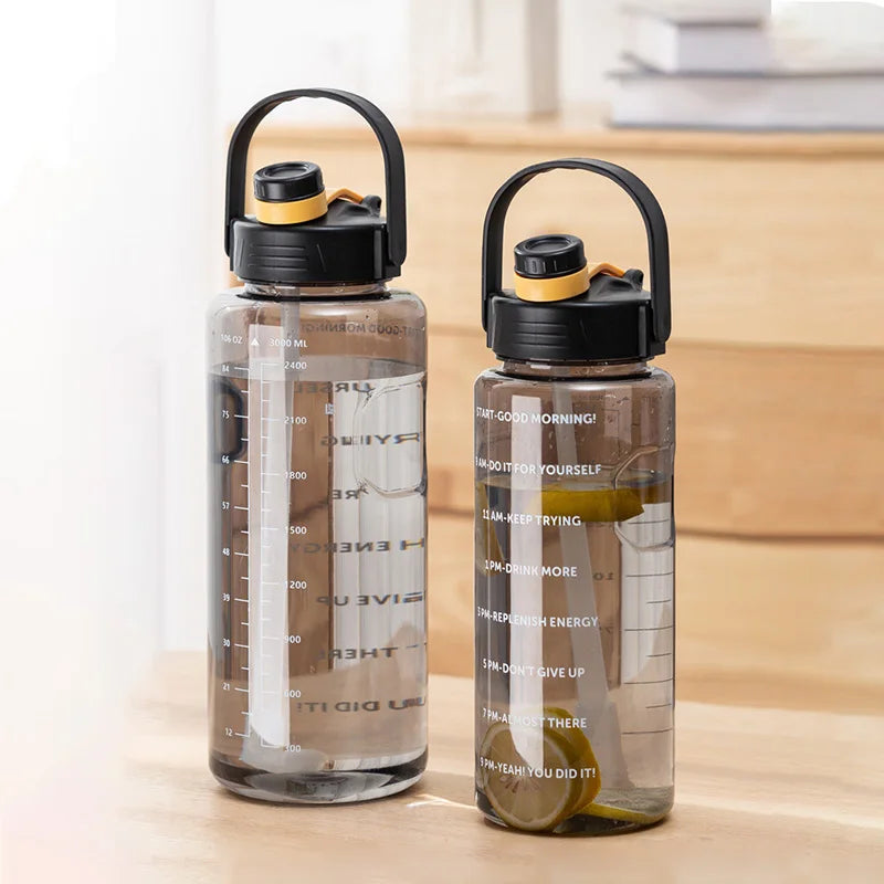 LUSQI 1.5L/2L/3L Sports Water Bottle Large Capacity Plastic Cup Leak-Proof with Straw and Time Marker for Home Outdoor Sports