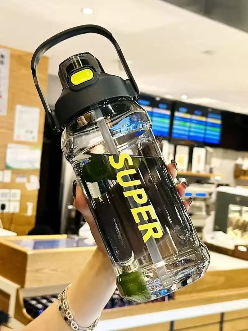 Large-capacity sports straw cup with Measurement markings, Portable, Minimalist, and Impact-resistant water bottle.
