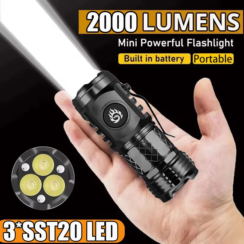 High Strong Power LED Flashlight Built-in Battery Type-C Rechargeable with Pen Clip Torch Outdoor Camping Emergency Lantern
