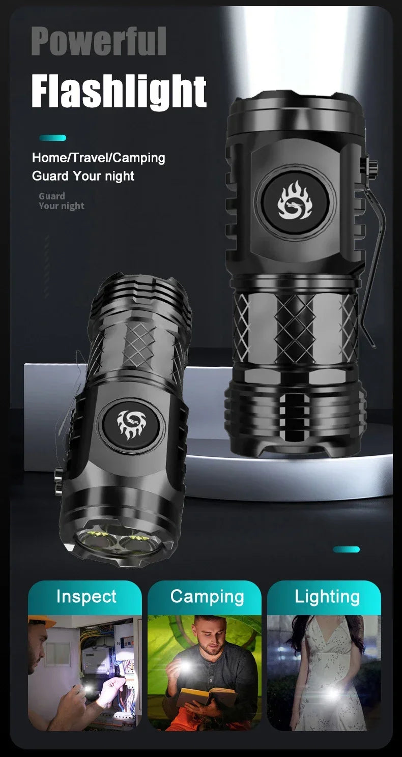High Strong Power LED Flashlight Built-in Battery Type-C Rechargeable with Pen Clip Torch Outdoor Camping Emergency Lantern