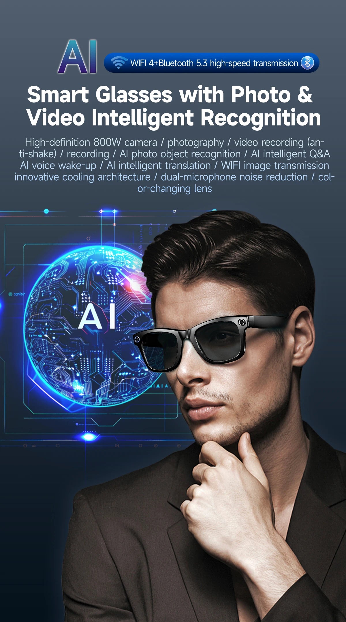 LIGE 800W Pixels Smart Glasses Recording Videos AI Photo Recognition Answer Translation 270mAh IP65 Waterproof Bluetooth Glasses