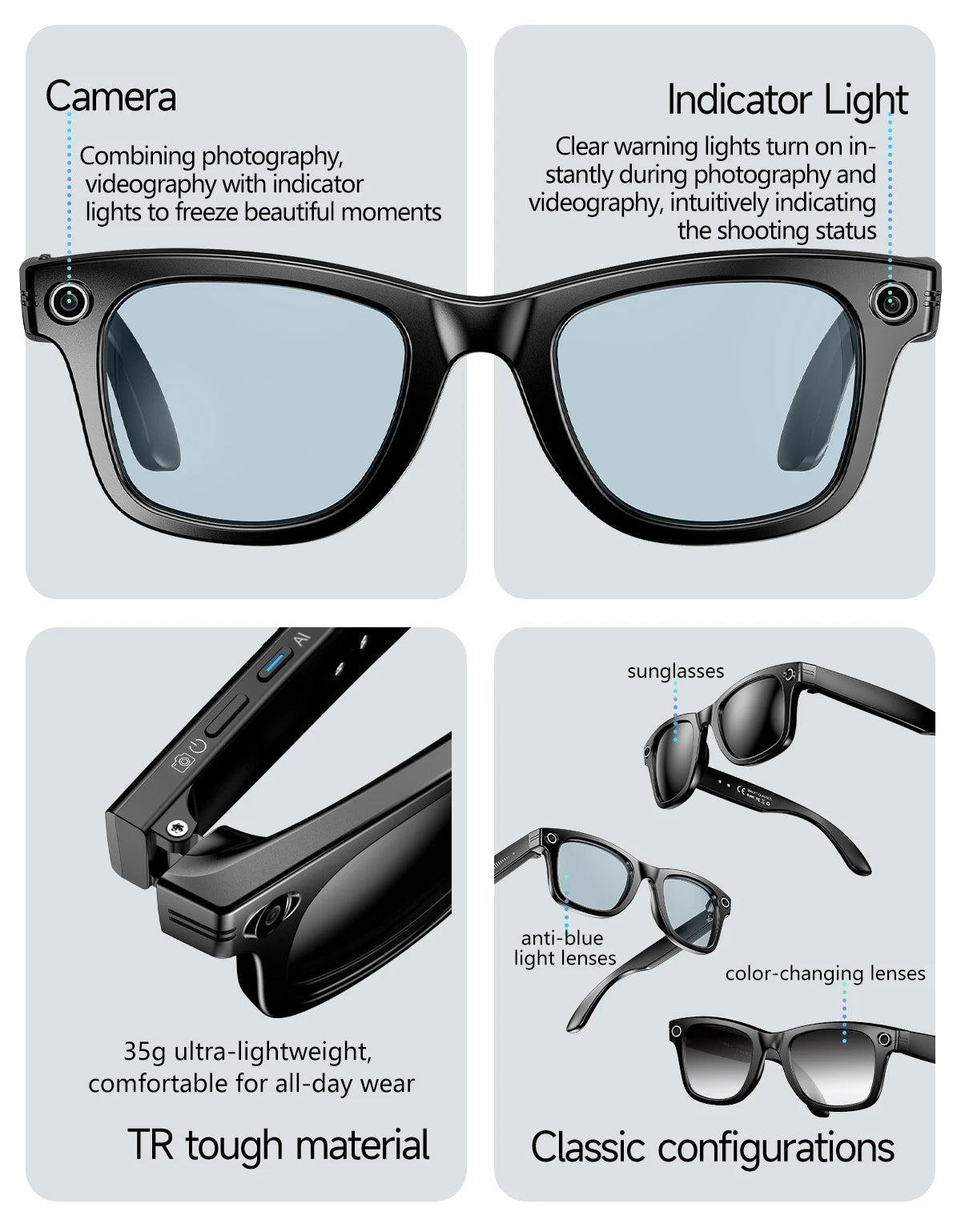 LIGE 800W Pixels Smart Glasses Recording Videos AI Photo Recognition Answer Translation 270mAh IP65 Waterproof Bluetooth Glasses