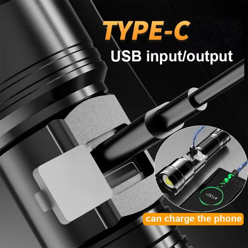 High Strong Power Led Flashlights 300000LM Tactical Torch with Display Light USB Charging Camping Fishing Defense Zoom Lantern