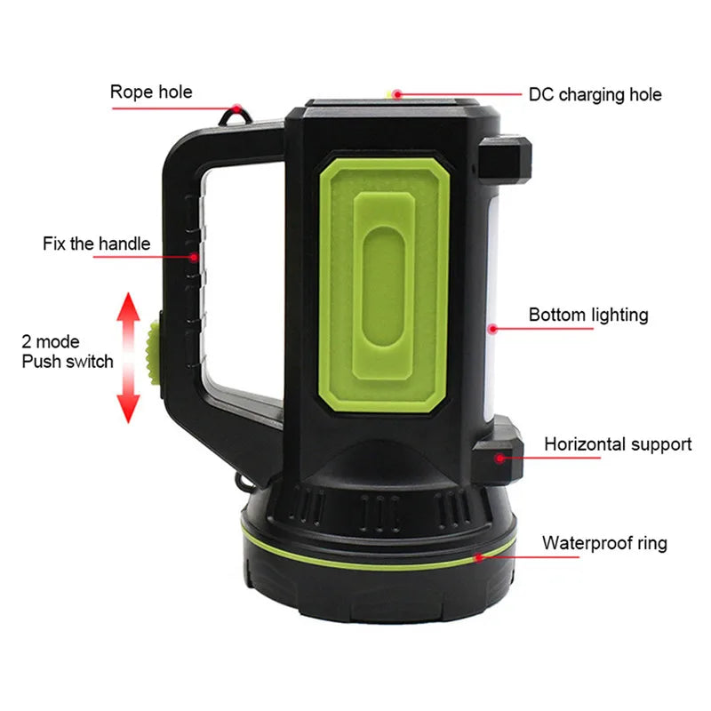 LED Strong Searchlight Flashlight Portable Hand Lamp Rechargeable 2 Lighting Modes Emergency Hiking Camping Energy Saving Torch