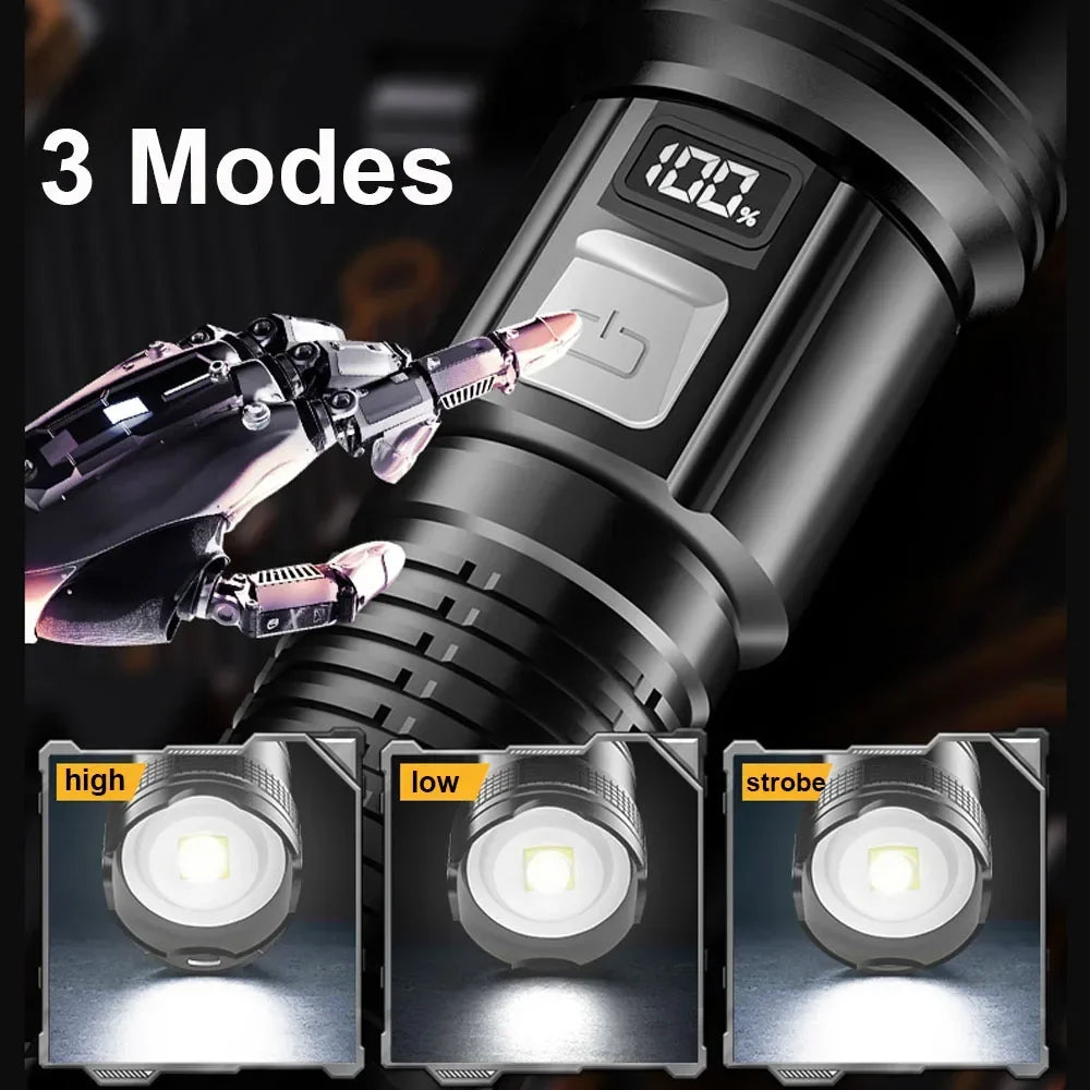 High Strong Power Led Flashlights 300000LM Tactical Torch with Display Light USB Charging Camping Fishing Defense Zoom Lantern