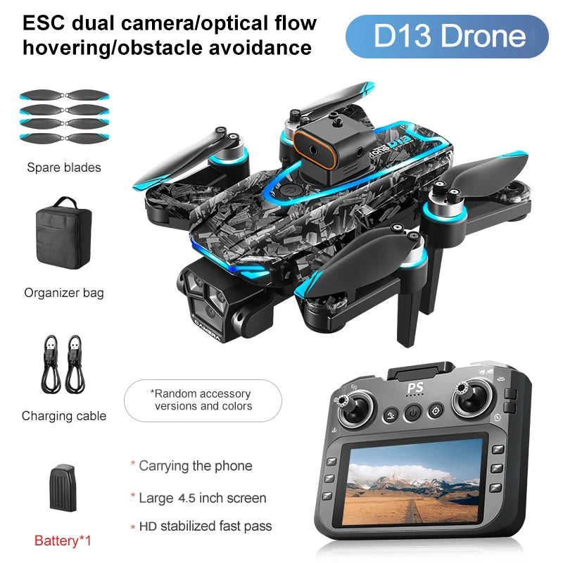 New D13 RC Drone 4K Professional HD Triple Camera 5G WIFI FPV Dron 360° Obstacle Avoidance Brushless Large Screen Quadcopter