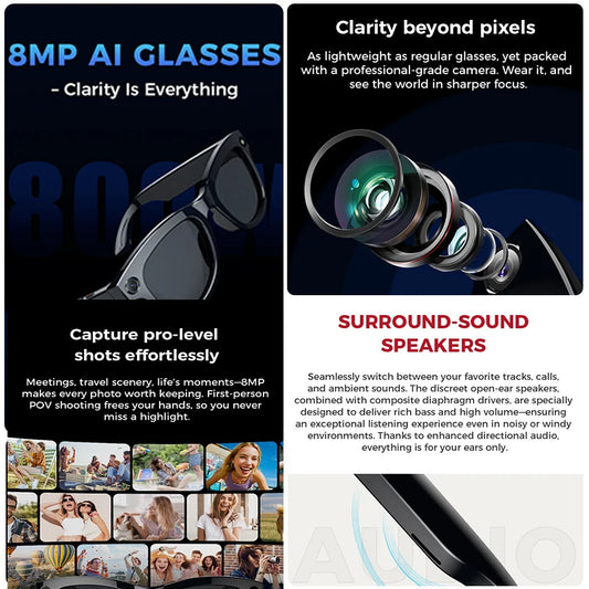 2025 New AI Smart Glasses 8MP HD Camera Sunglasses Photos Video Recorder dual-microphone Anti-blue Smart Waterproof Glasses