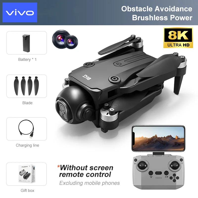 VIVO D18 Drone 8K Aerial HD Dual Camera Photography Intelligent Obstacle Avoidance Brushless Power 5G WIFI GPS Return VR Drone