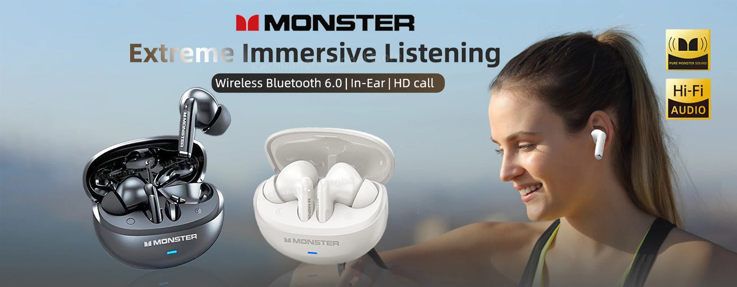 Monster MQT39 Wireless Bluetooth 6.0 Earphones TWS Hifi Stereo Headphones Noise Reduction Gaming Earbuds Sports Headset With Mic