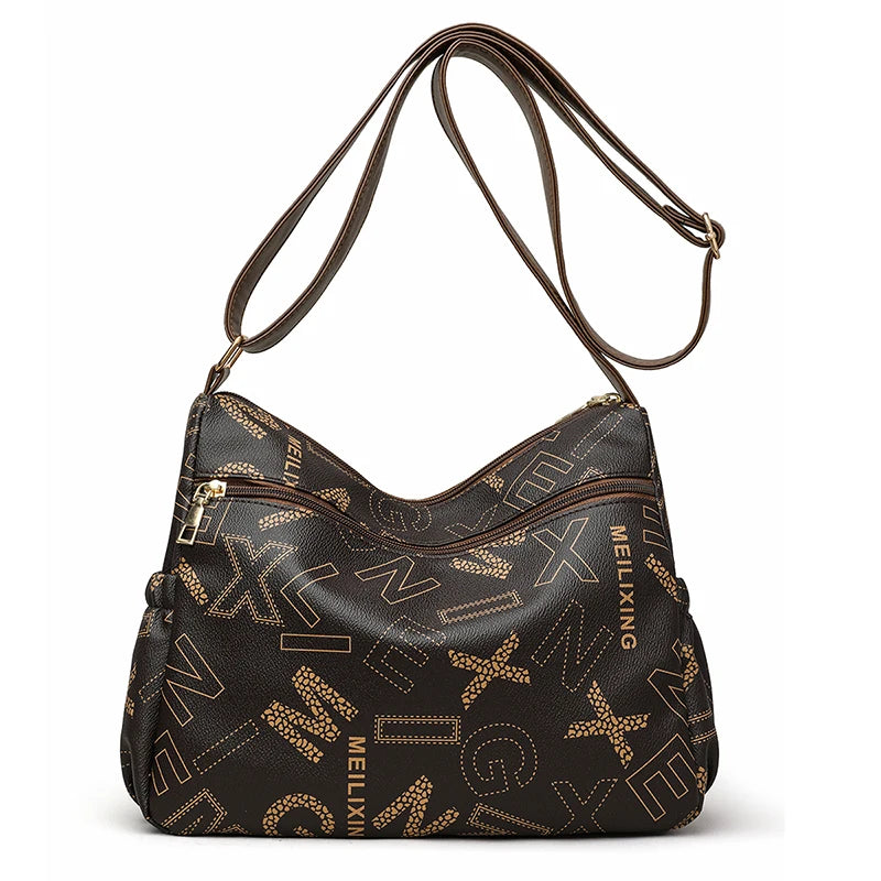Ladies Middle-Aged Bag Large Capacity printed Work Clothing Soft Leather Multi-Pocket Cross-Body Bag Retro Shoulder Bag