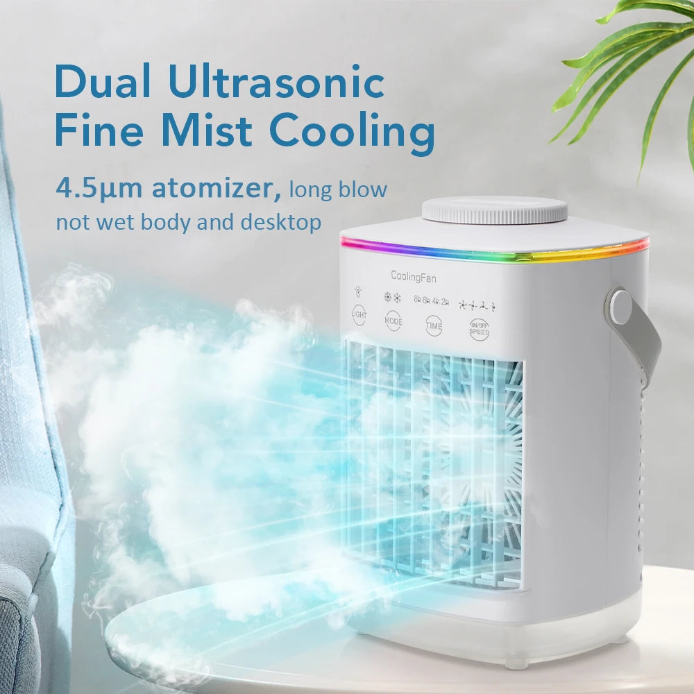Portable Air Conditioner with Colorful Atmosphere Light Water Cooling Fan USB Table Fan 700ml Water Tank Desktop Fan Humidifier