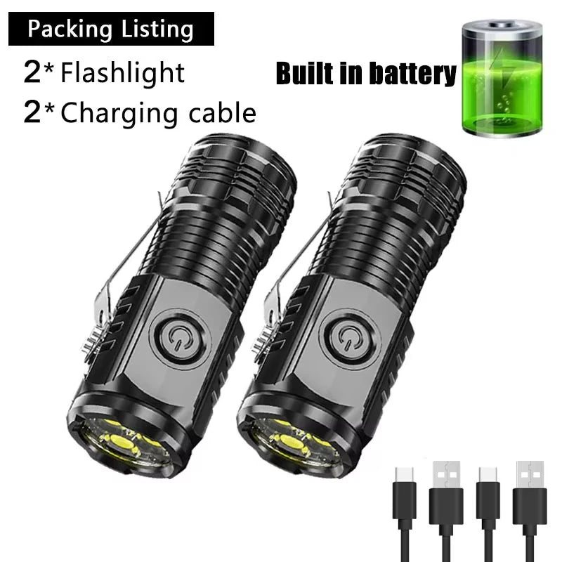 High Strong Power LED Flashlight Built-in Battery Type-C Rechargeable with Pen Clip Torch Outdoor Camping Emergency Lantern