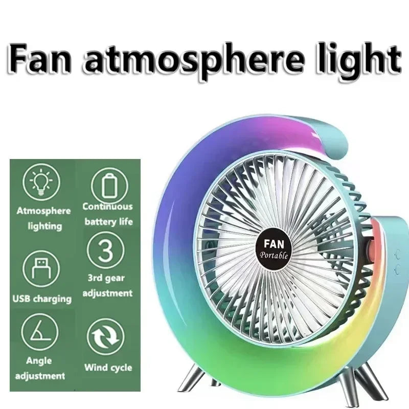 2025 Portable USB power Desk Fan 180 Degree Rotatable with Colorful Light Personal Table Fan for Home Office Bedroom Dorm