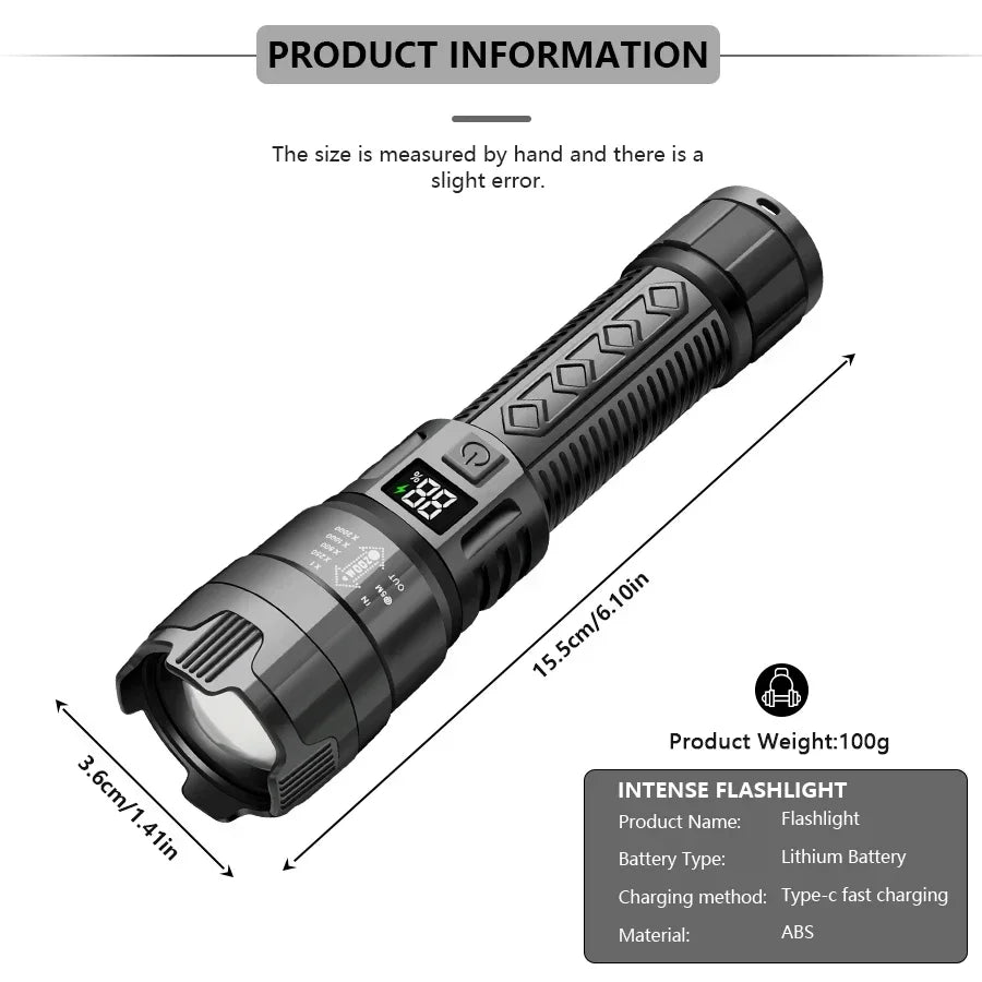 High Power 2000LM LED Flashlight Built-in Battery USB Rechargeable Strong Light Tactical Torch Outdoor Camping Hiking Lantern