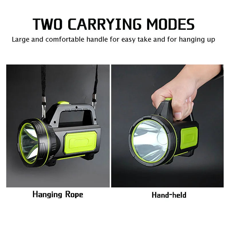 LED Strong Searchlight Flashlight Portable Hand Lamp Rechargeable 2 Lighting Modes Emergency Hiking Camping Energy Saving Torch