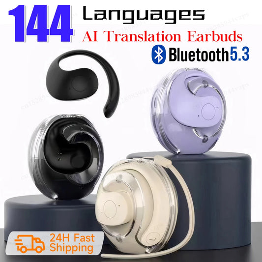 AI Real-time Language Translation Earphones Wireless BT 144 Languages Ear Hanging Headphone Translator for Travel Business