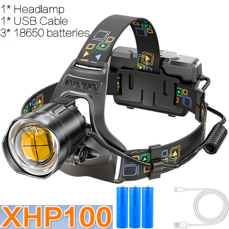 Powerful XHP100 Led Headlamp Zoomable USB Rechargeable High Power Headlight Waterproof Output 18650 Super Bright Head Torch