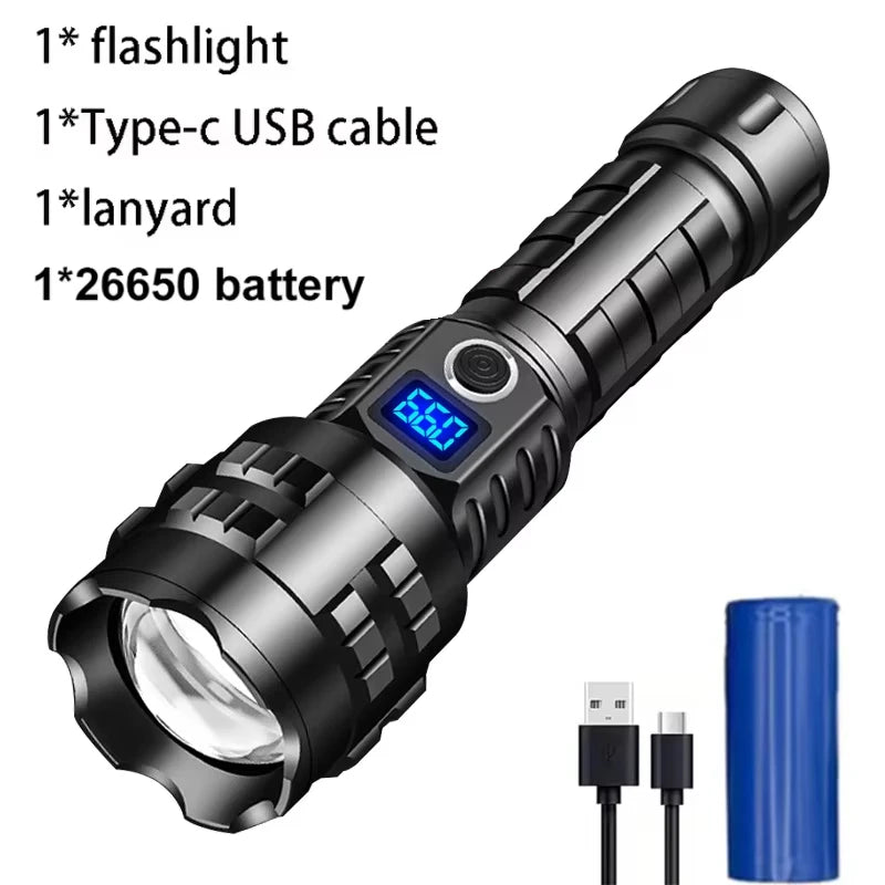 Powerful 200000 High Lumen LED Flashlight Super Bright Rechargeable Portable Ultra Power USB C Torch lamp Outdoor Emergency use