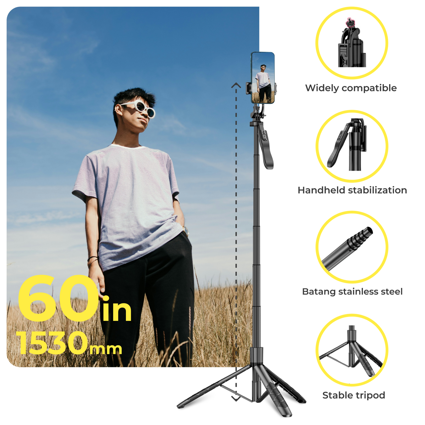 Phone tripod 62 inch selfie stick