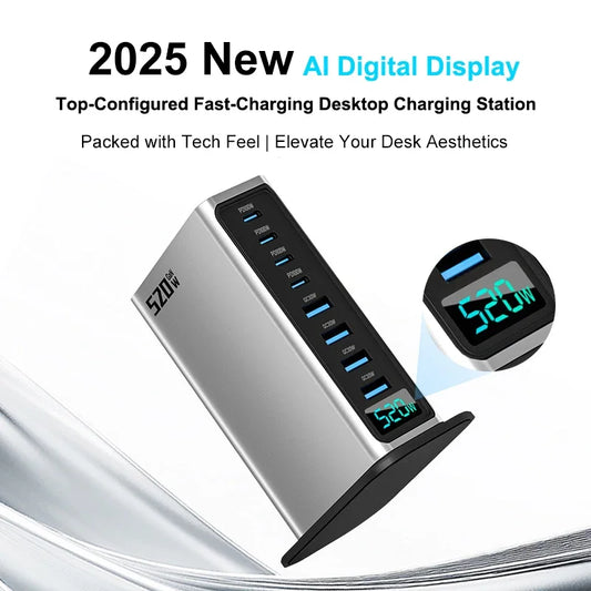 520W Desktop GaN Charger 4C4A 8 Ports 100W PD USB Type C Usb Power Hub Mobile Phone Laptop Fast Charging Station