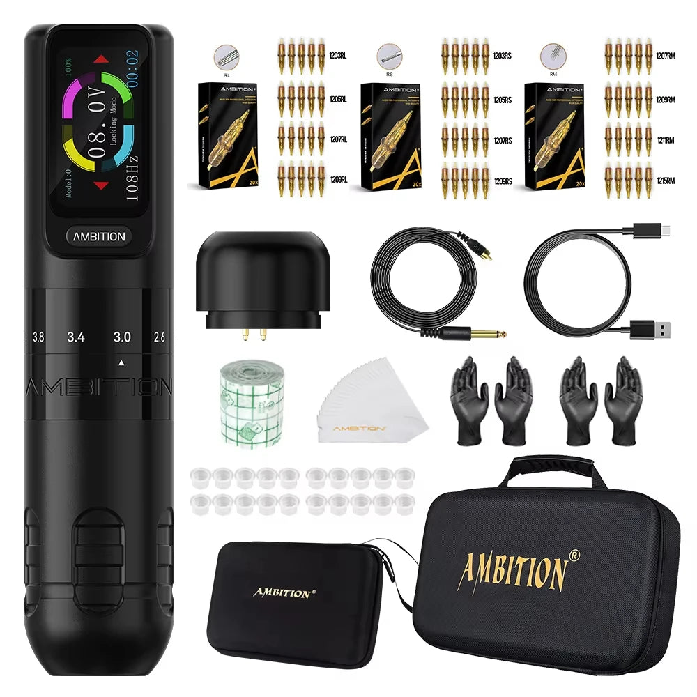 Ambition Seher 2400mAh Powerful Motor 2.2-4.2mm Adjustable Stroke Tattoo Gun Set Wireless Tattoo Machine Pen Complete Full Kit
