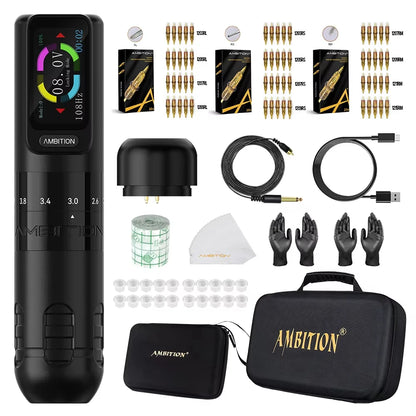 Ambition Seher 2400mAh Powerful Motor 2.2-4.2mm Adjustable Stroke Tattoo Gun Set Wireless Tattoo Machine Pen Complete Full Kit