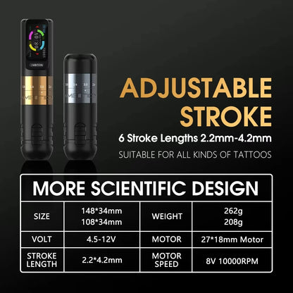 Ambition Seher 2400mAh Powerful Motor 2.2-4.2mm Adjustable Stroke Tattoo Gun Set Wireless Tattoo Machine Pen Complete Full Kit