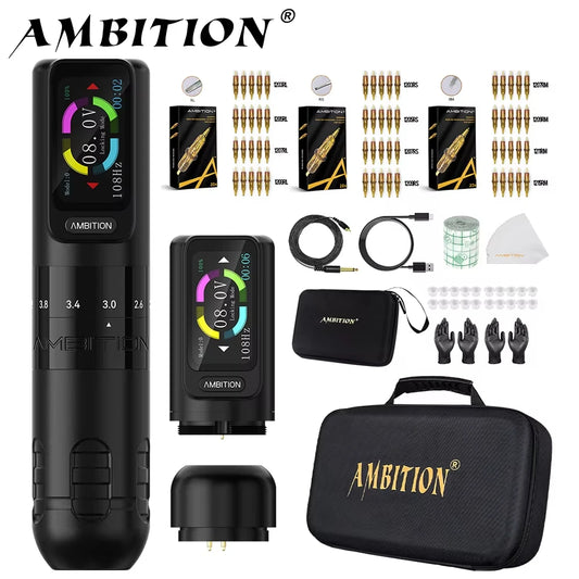 Ambition Seher 2400mAh Powerful Motor 2.2-4.2mm Adjustable Stroke Tattoo Gun Set Wireless Tattoo Machine Pen Complete Full Kit