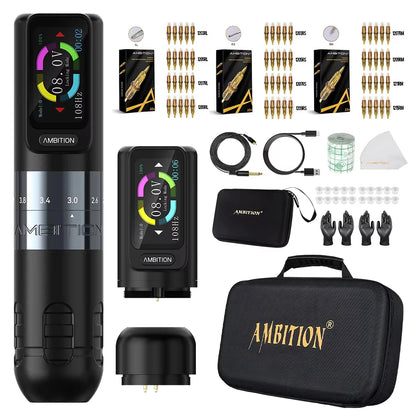 Ambition Seher 2400mAh Powerful Motor 2.2-4.2mm Adjustable Stroke Tattoo Gun Set Wireless Tattoo Machine Pen Complete Full Kit