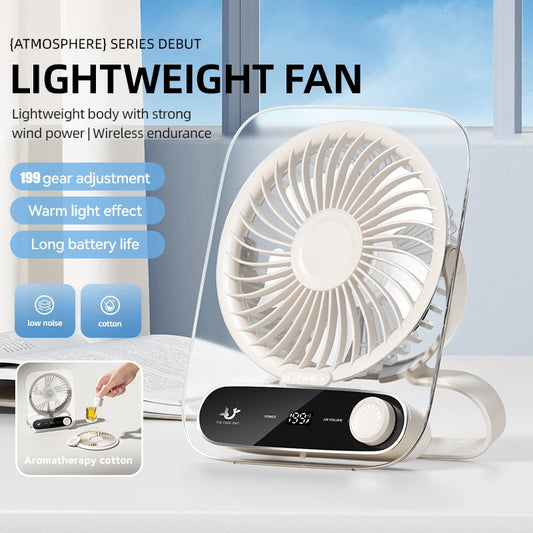 High Quality 199 Wind Speed Gear Transparent Desktop Fan With Digital Display USB Rechargeable Table Fan Desk Fan